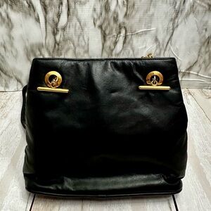 Vintage Black Leather Crossbody Bag Gold Hardware Edgy Disco Clubbing Glamour